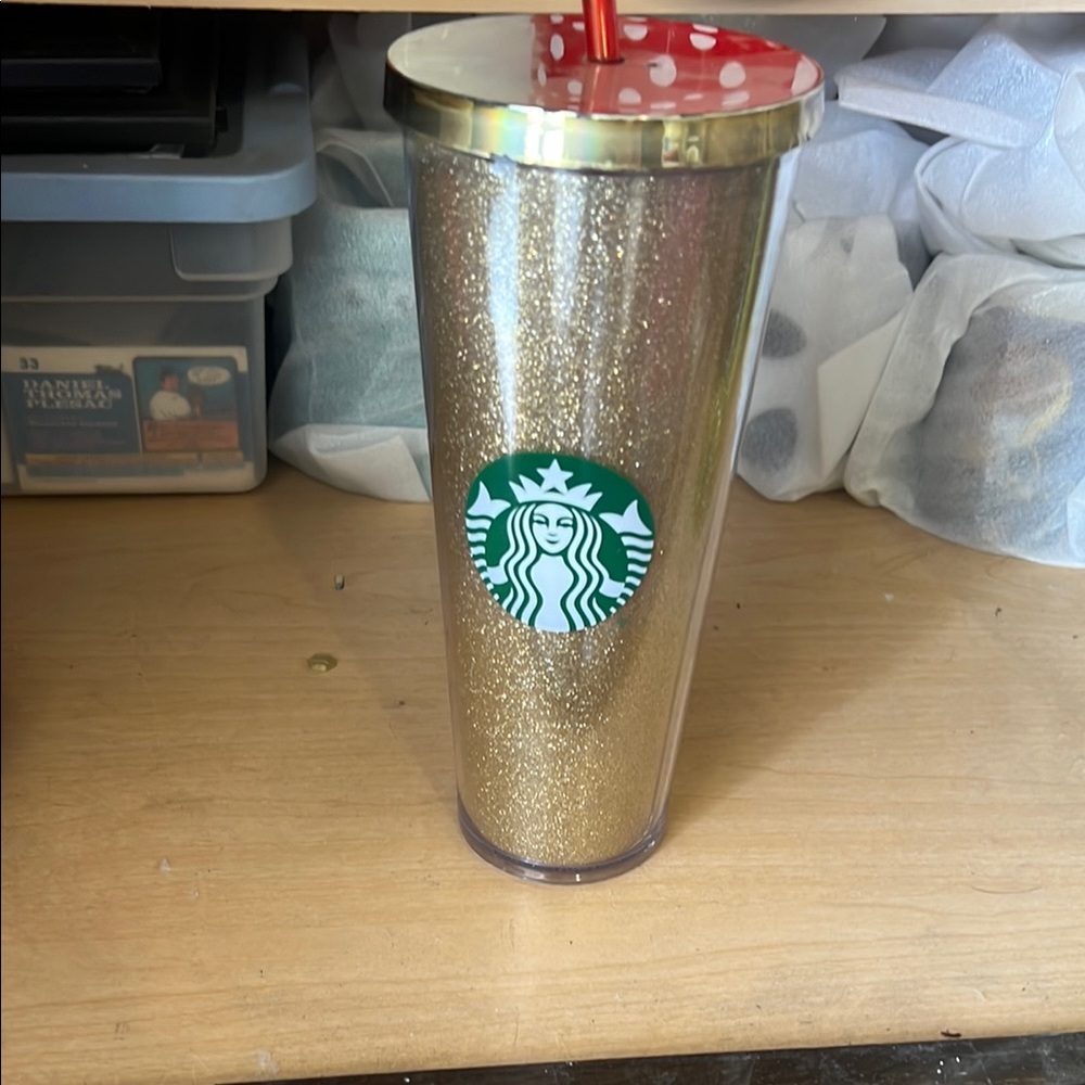 Starbucks Glittery Gold Tumbler with Red Straw